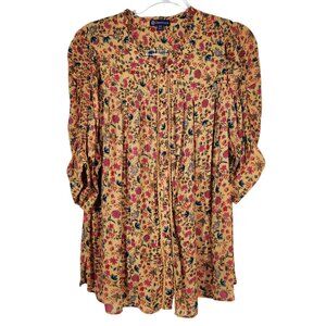 Democracy Top Womens XL Floral Blouse 3/4 Sleeve Rayon Button Front Orange Print